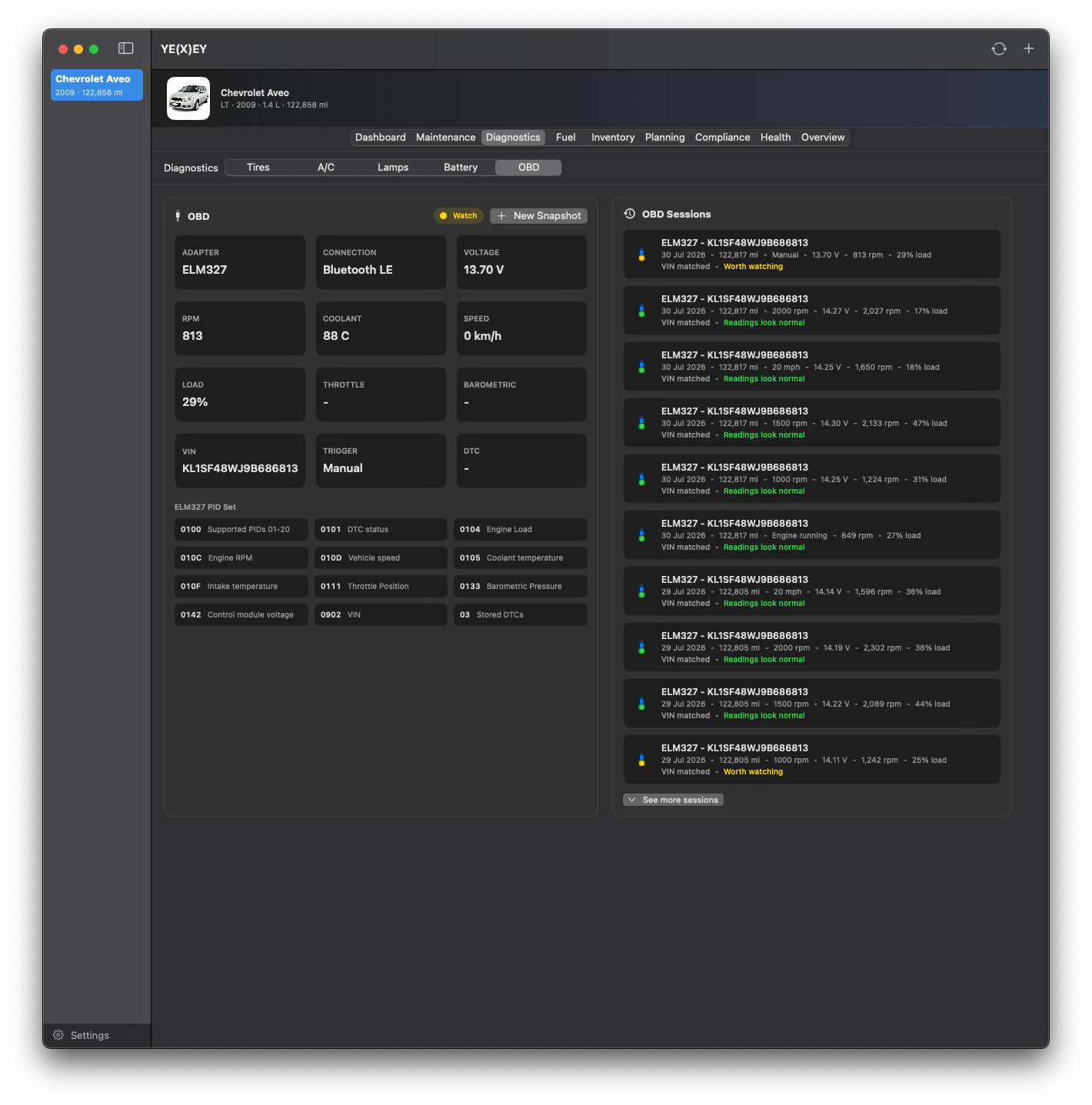OBD tab of the desktop app showing live PIDs (RPM, coolant, speed, load, throttle, barometric, VIN, DTC), the ELM327 PID set and a scrollable list of OBD sessions.