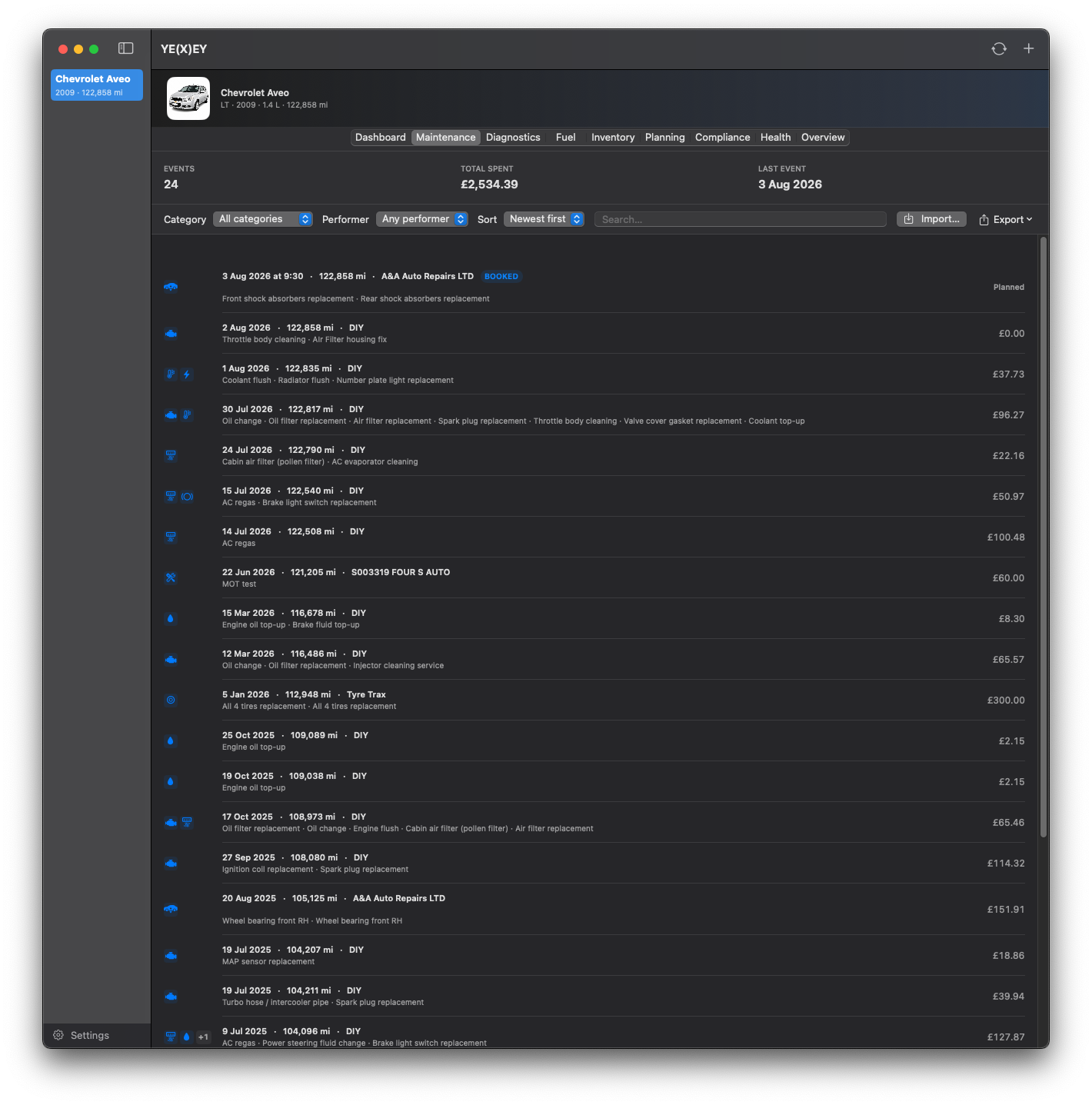 Maintenance log with 24 events, category filter, performer filter, sort control and per-row DIY or garage tags.